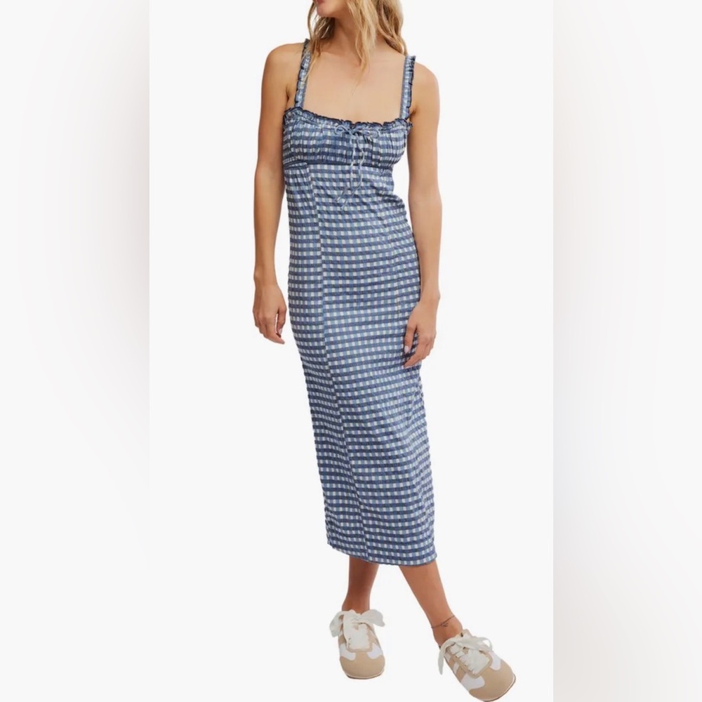 Free People Lucinda Gingham Check Stretch Cotton Dress. Blue and White.